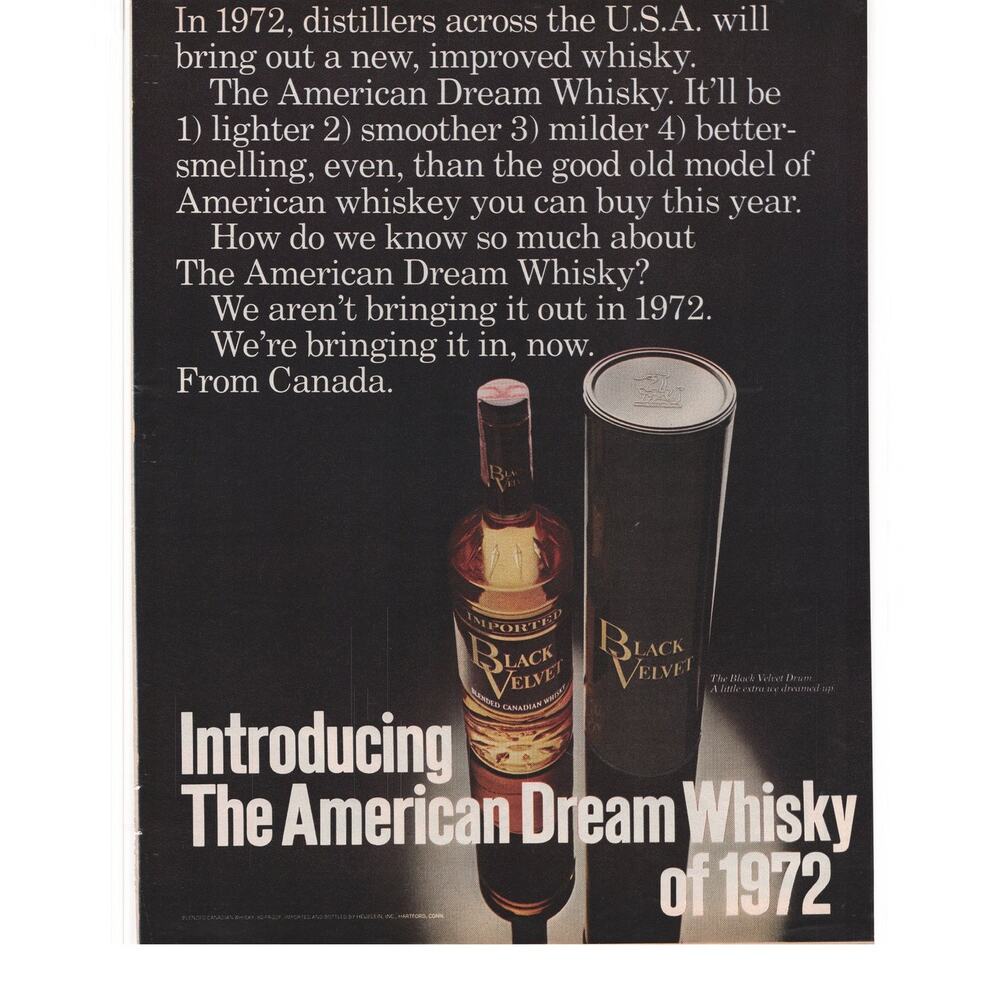 Black Velvet American Dream Whisky Magazine Advertisement Vintage 1972 Alcohol